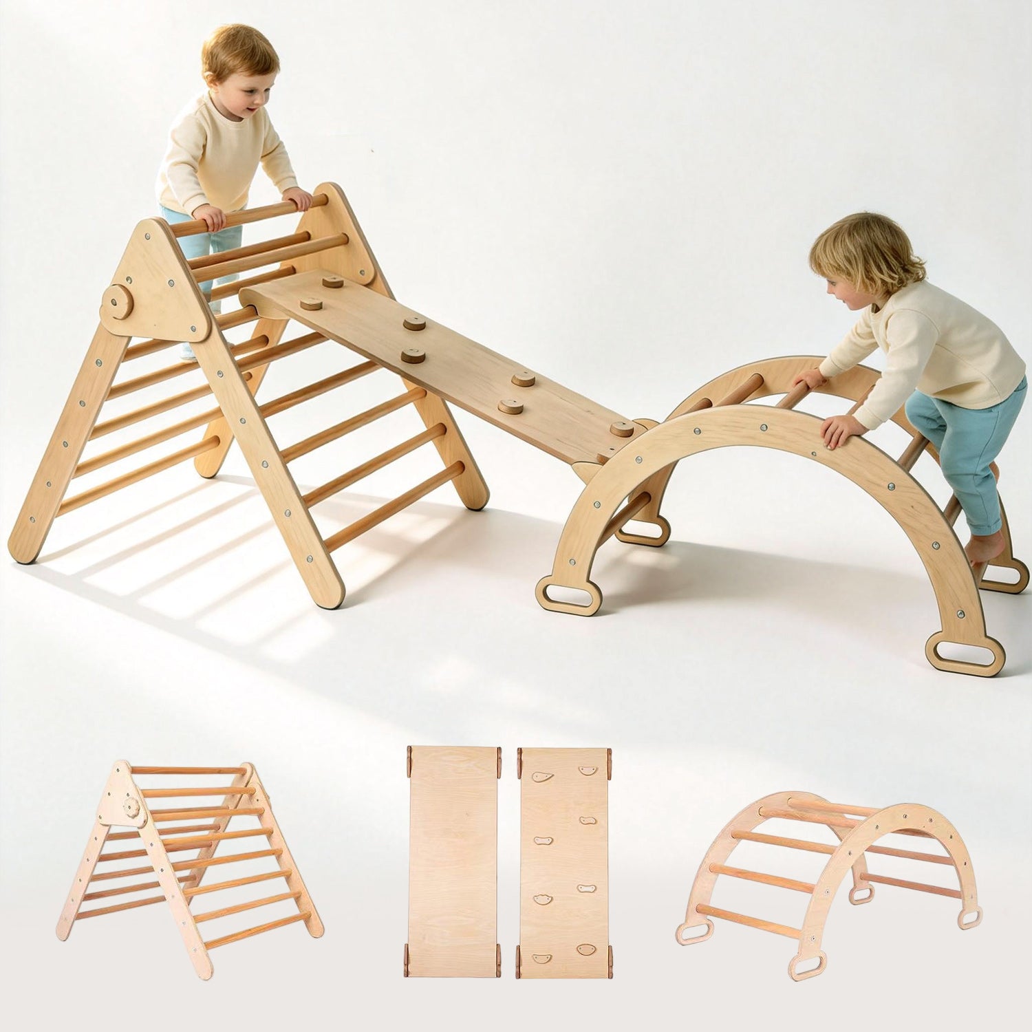 4-in-1 Kletterset aus Holz: Kletterdreieck, Kletterbogen & Rampe