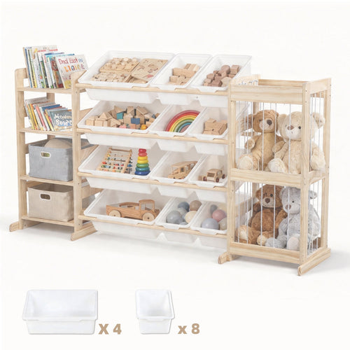 4-Etagen Montessori Spielzeugregal – mit Boxen, Bücherablage & Netz