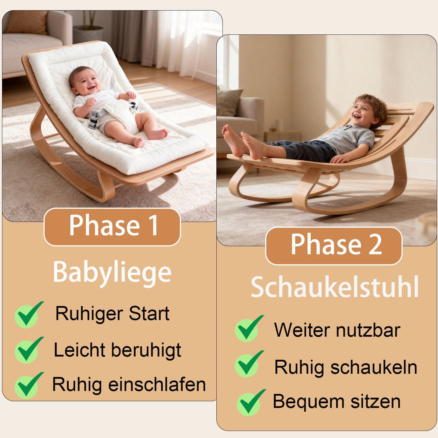 2-in-1 Babyliege aus Buchenholz – Babywippe & Kinder-Schaukelstuhl