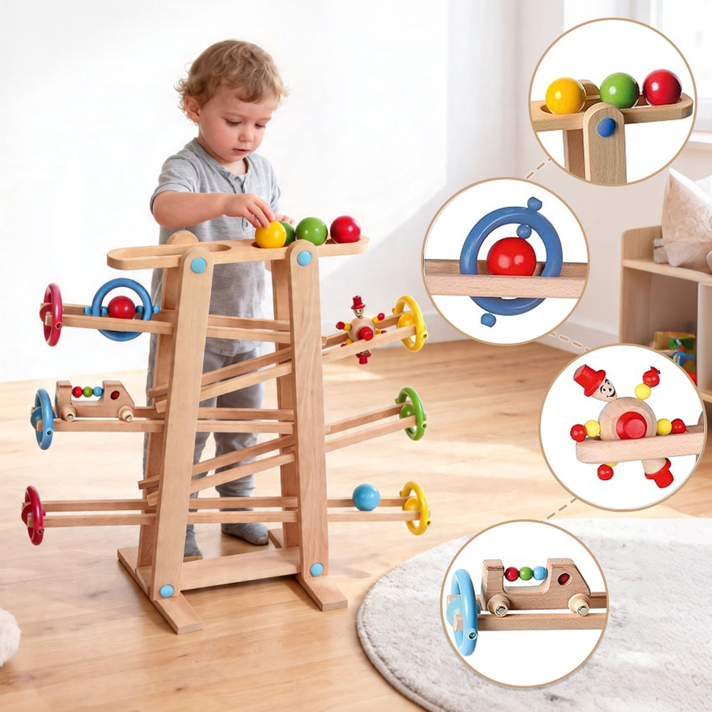 Montessori Kugelbahn Buche – 7 Rollobjekte (Klassik)