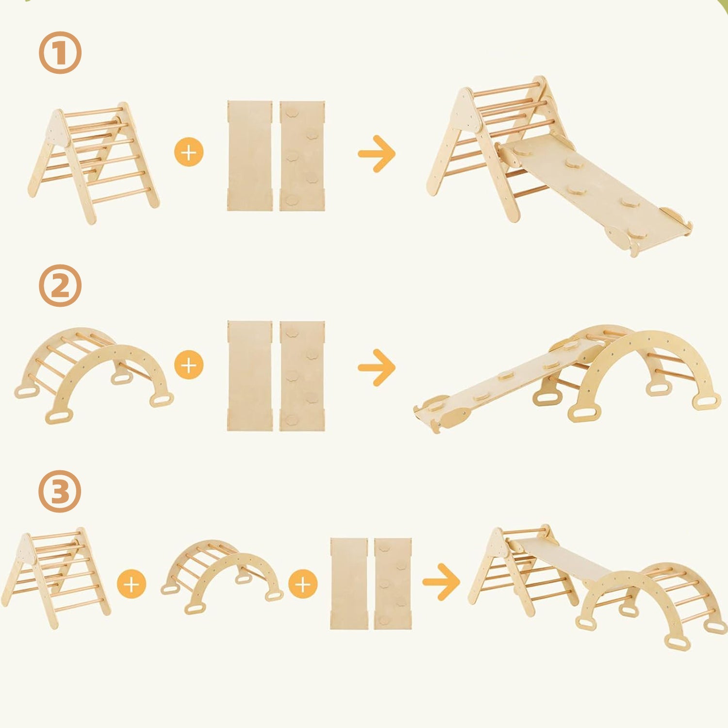4-in-1 Kletterset aus Holz: Kletterdreieck, Kletterbogen & Rampe