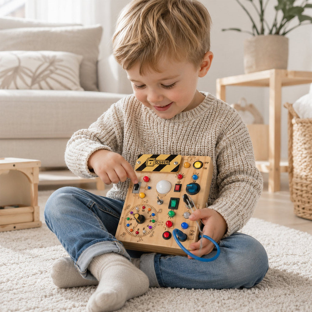 Montessori Busy Board aus Holz - – LED Licht & Schalter
