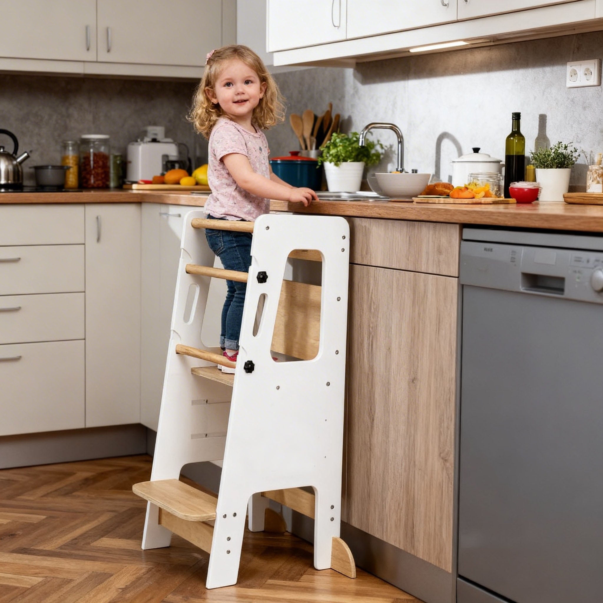 Montessori Lernturm Massivholz Klassik – Weiß oder Grau