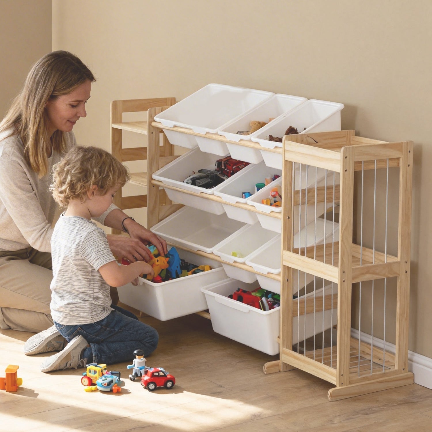 4-Etagen Montessori Spielzeugregal – mit Boxen, Bücherablage & Netz