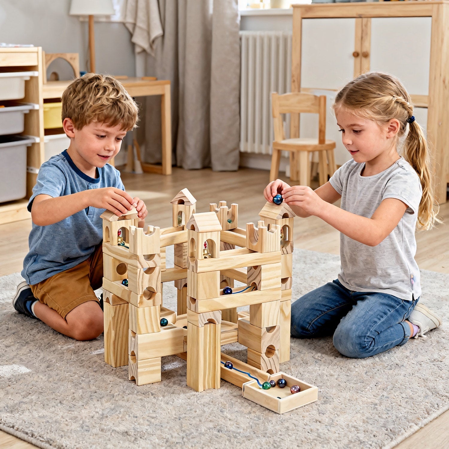 Montessori Murmelbahn aus Holz – 3D-Konstruktionsspiel mit 60/80 Teilen
