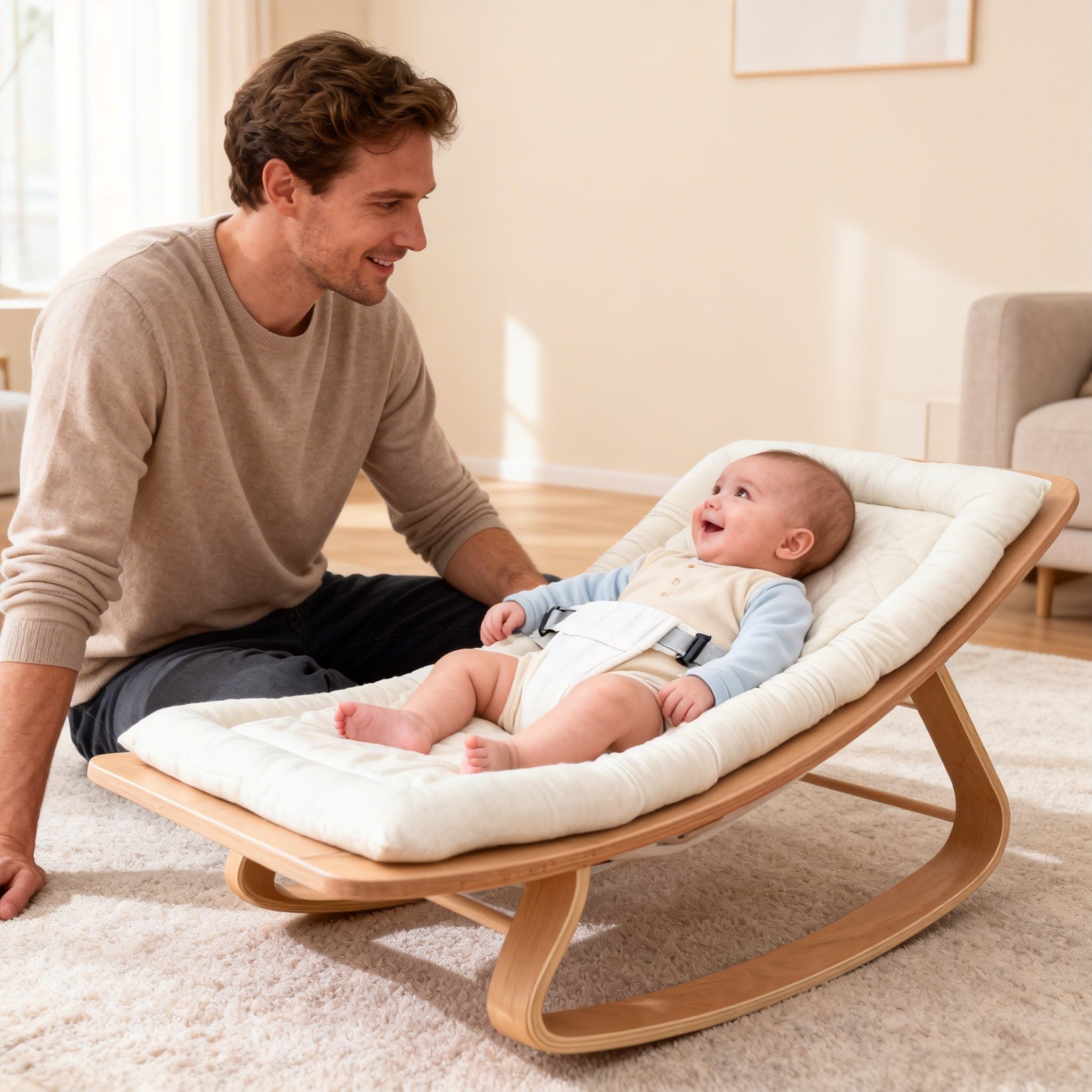 2-in-1 Babyliege aus Buchenholz – Babywippe & Kinder-Schaukelstuhl