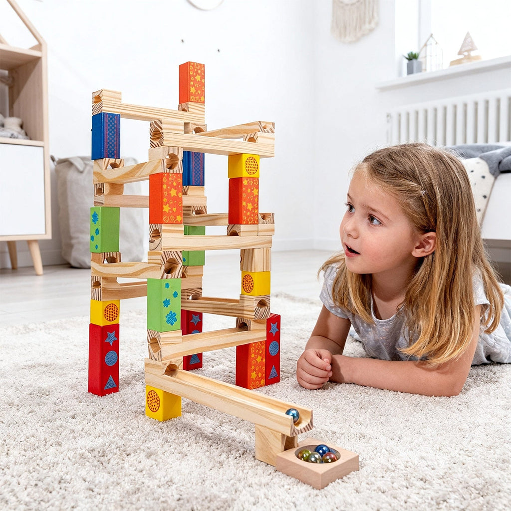 Montessori Murmelbahn Holz 52 Teile – buntes Kugelbahn-Bauset für Kinder
