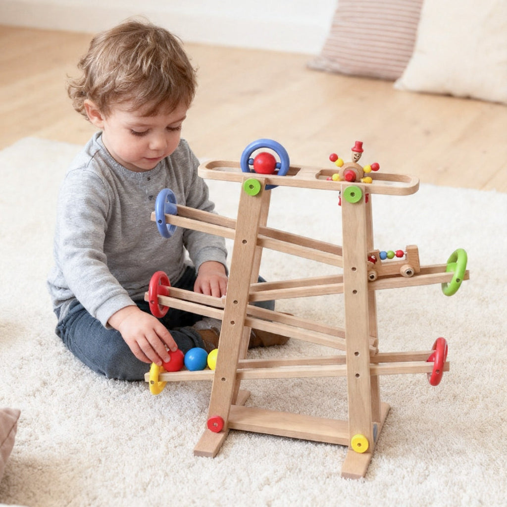 Montessori Kugelbahn Buche – 7 Rollobjekte (Klassik)