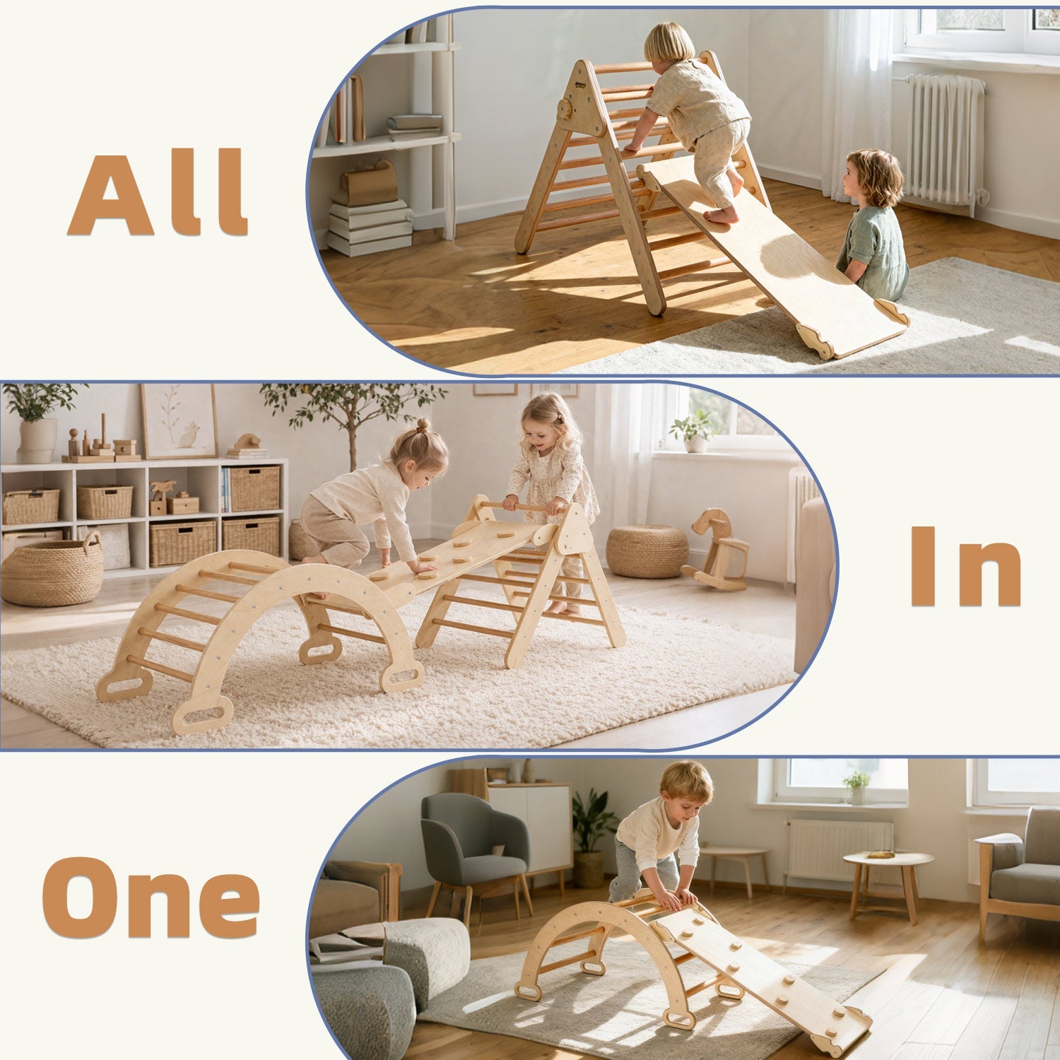 4-in-1 Kletterset aus Holz: Kletterdreieck, Kletterbogen & Rampe