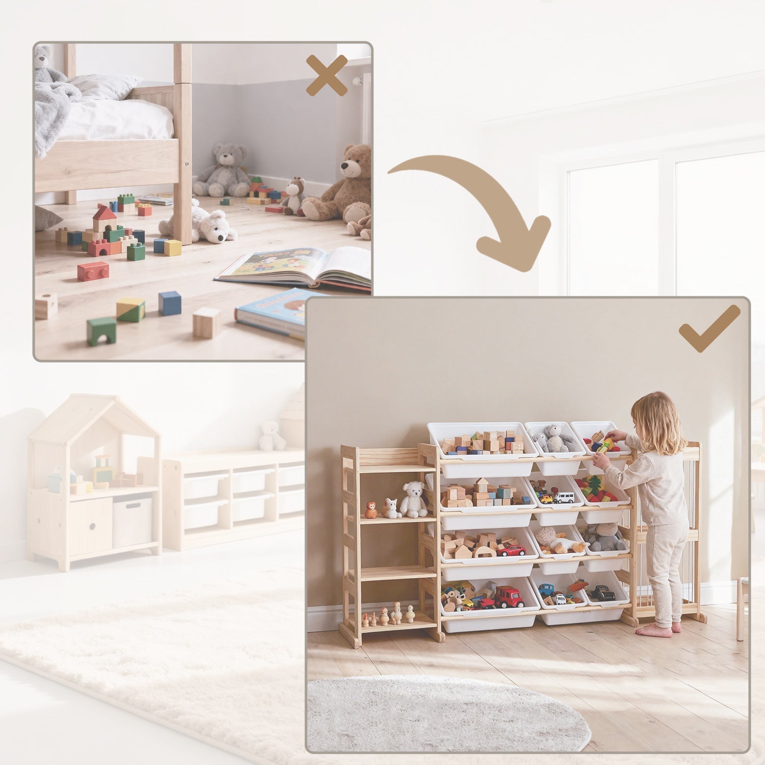 4-Etagen Montessori Spielzeugregal – mit Boxen, Bücherablage & Netz