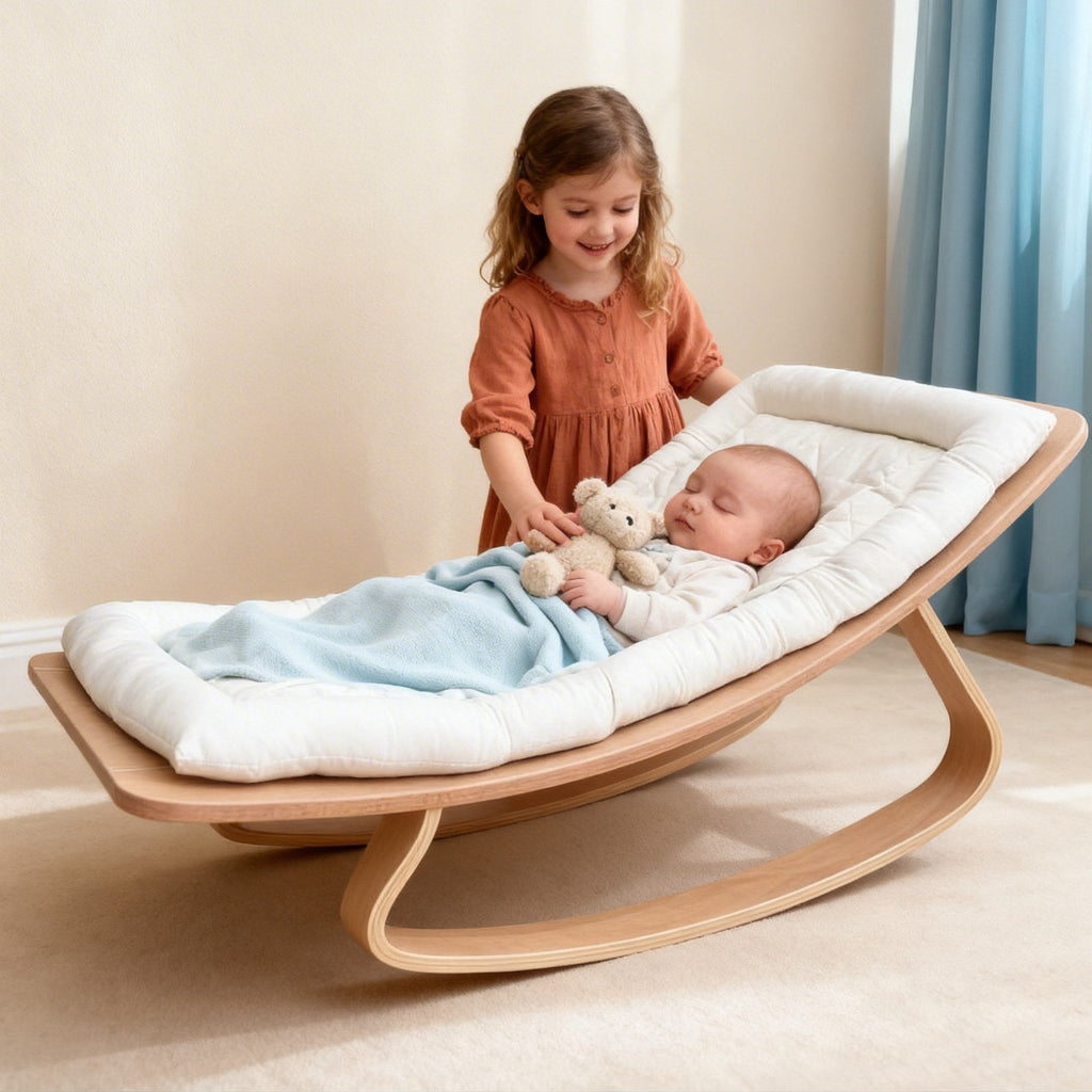 2-in-1 Babyliege aus Buchenholz – Babywippe & Kinder-Schaukelstuhl