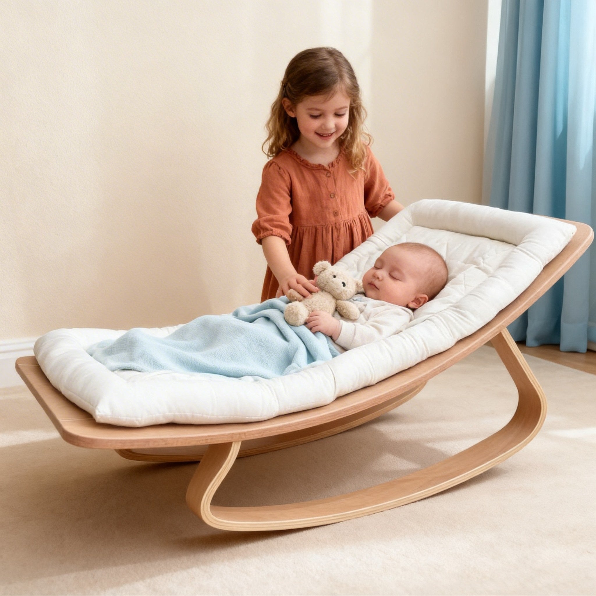 2-in-1 Babyliege aus Buchenholz – Babywippe & Kinder-Schaukelstuhl