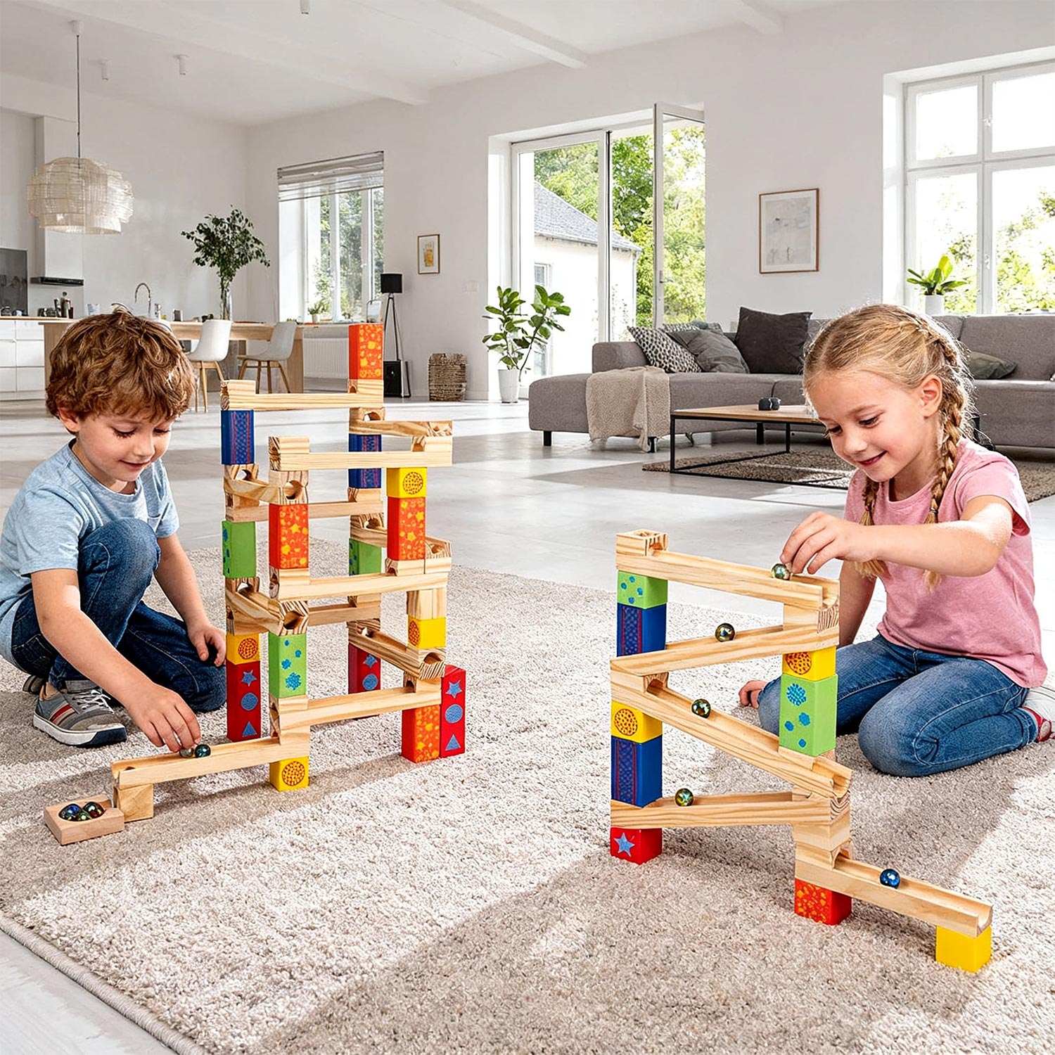 Montessori Murmelbahn Holz 52 Teile – buntes Kugelbahn-Bauset für Kinder