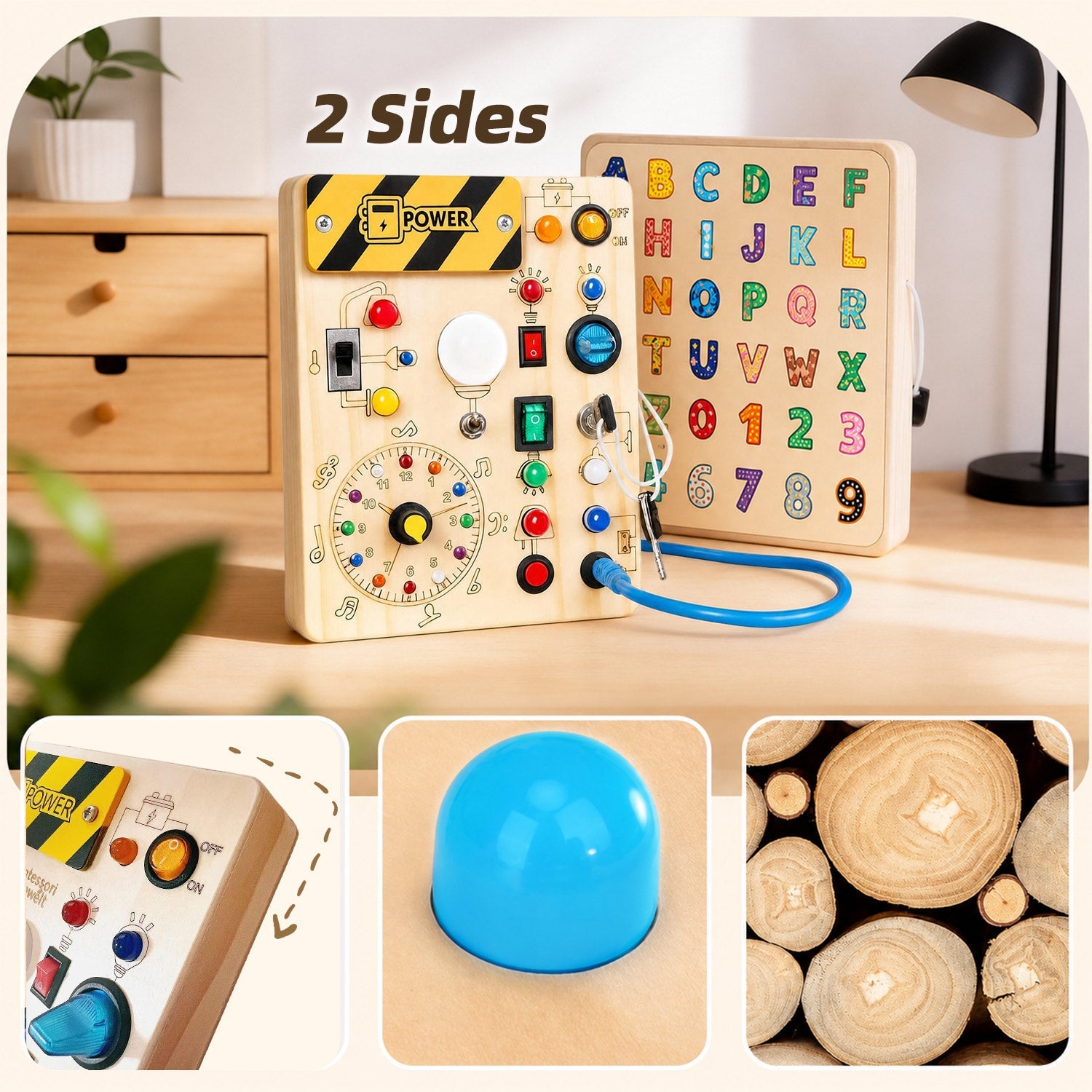 Montessori Busy Board aus Holz - – LED Licht & Schalter