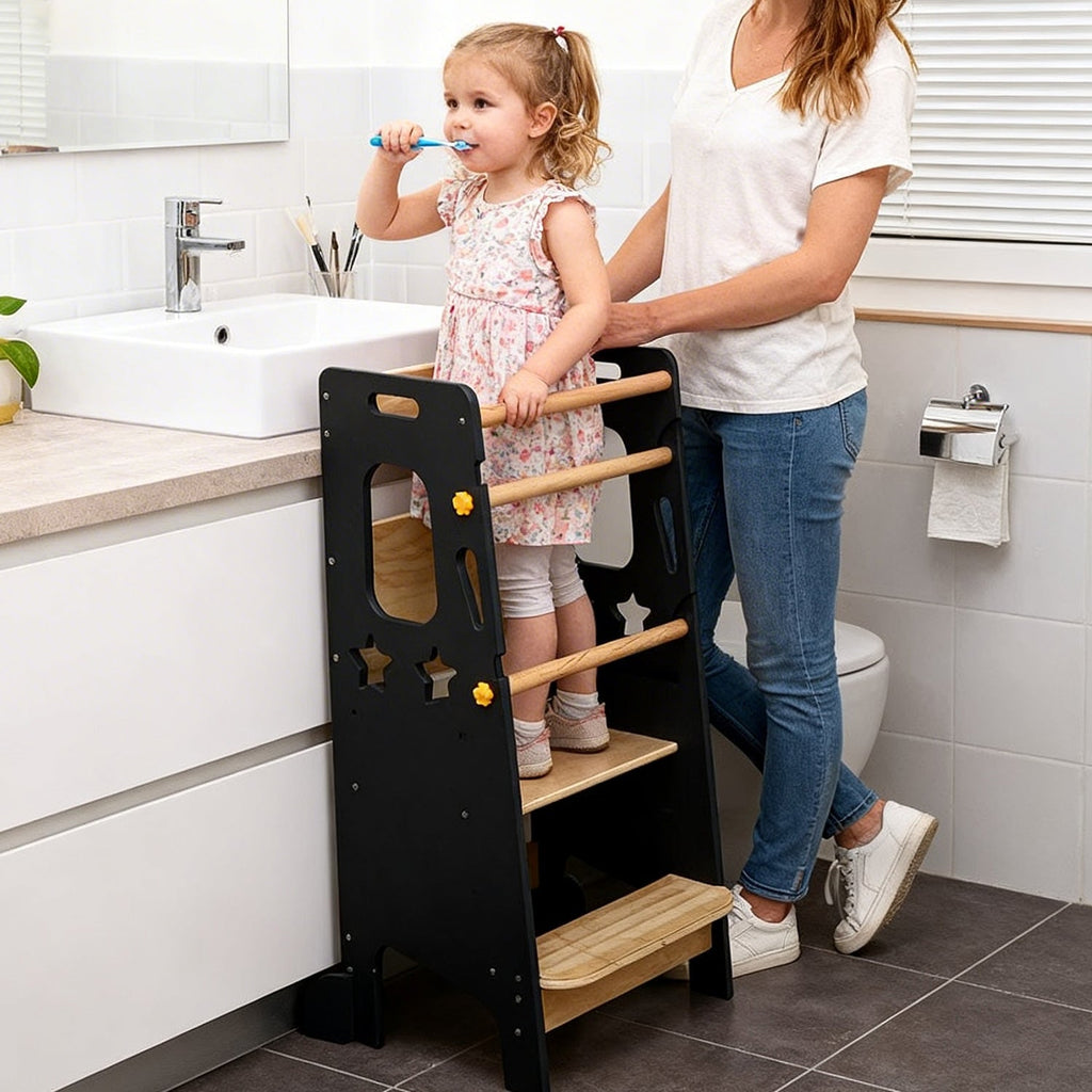Lernturm Kinder Holz höhenverstellbar – Montessori Learning Tower Küche stabil & sicher