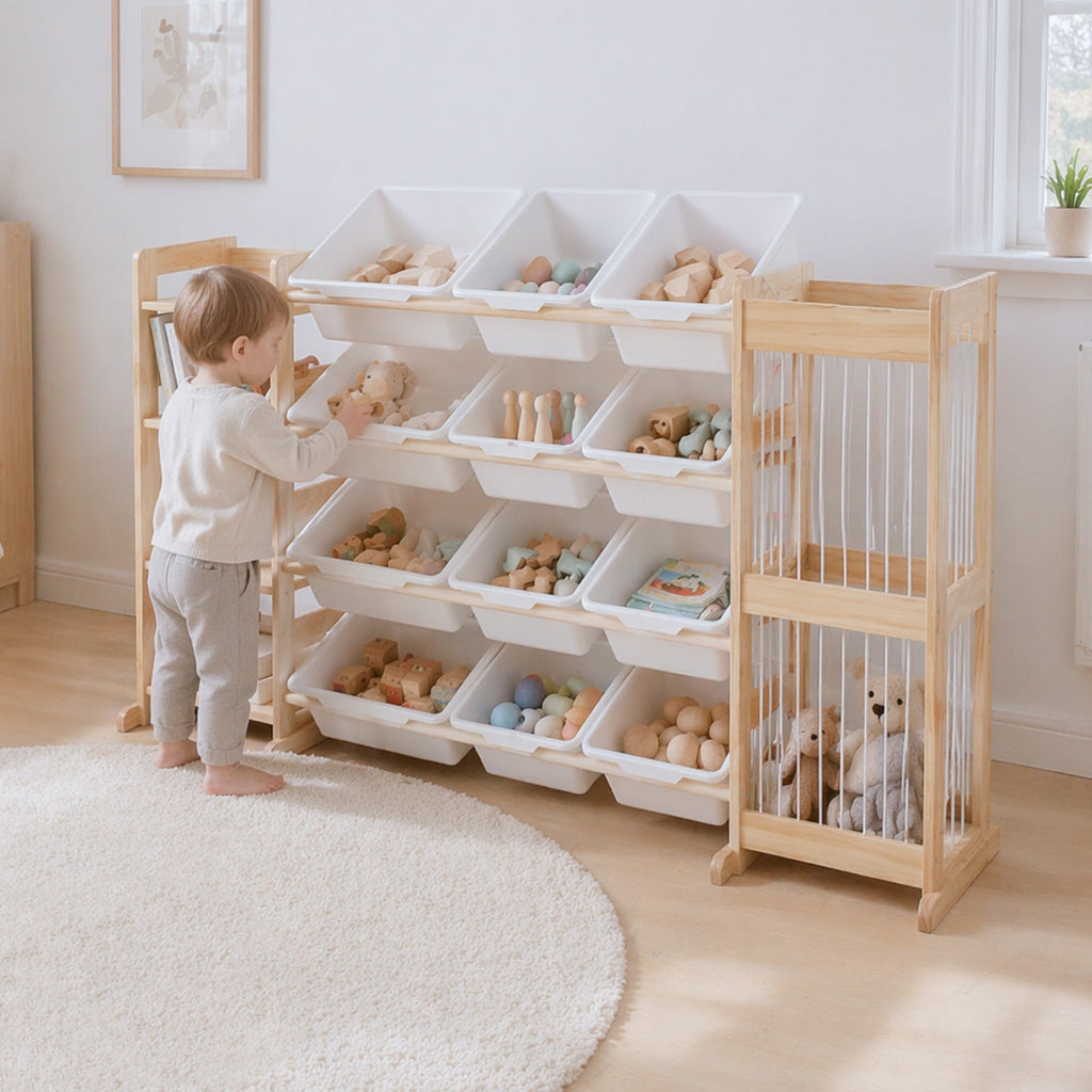 4-Etagen Montessori Spielzeugregal – mit Boxen, Bücherablage & Netz