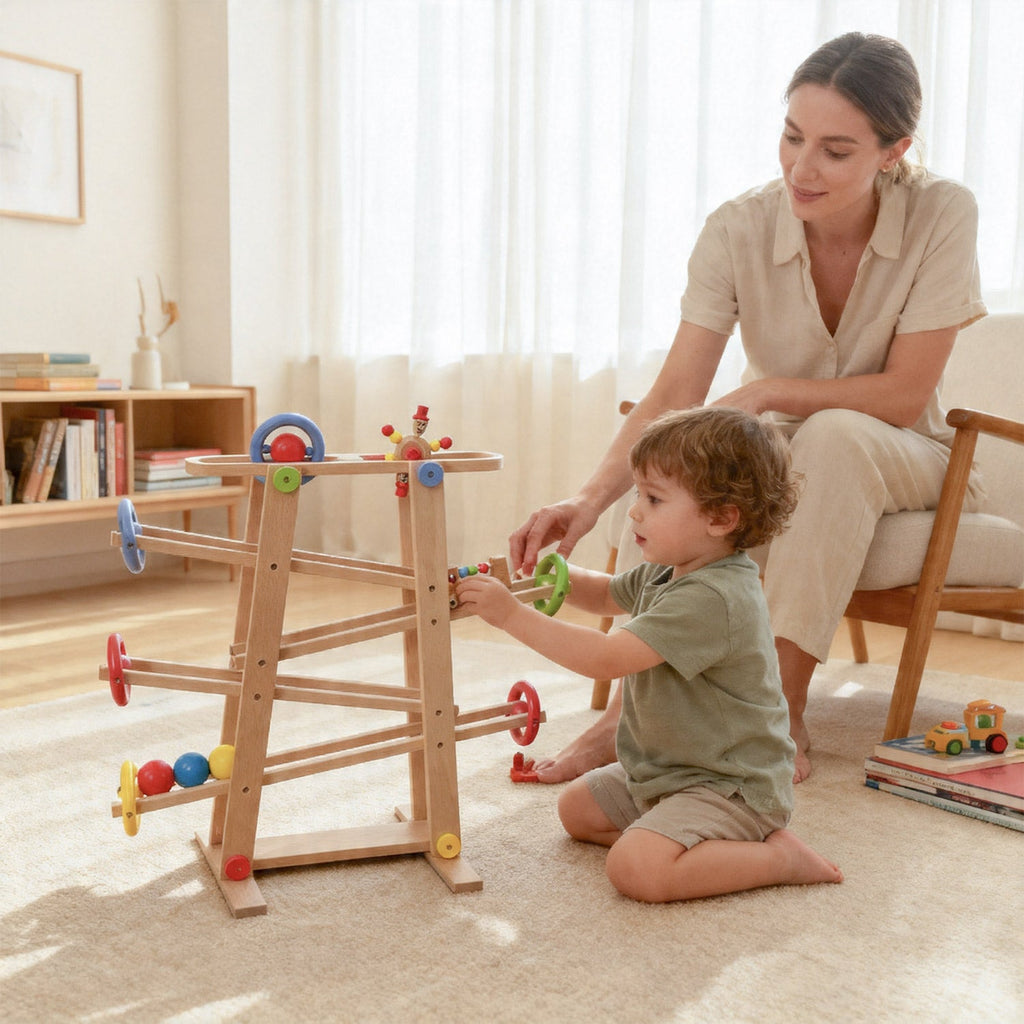 Montessori Kugelbahn Buche – 7 Rollobjekte (Klassik)