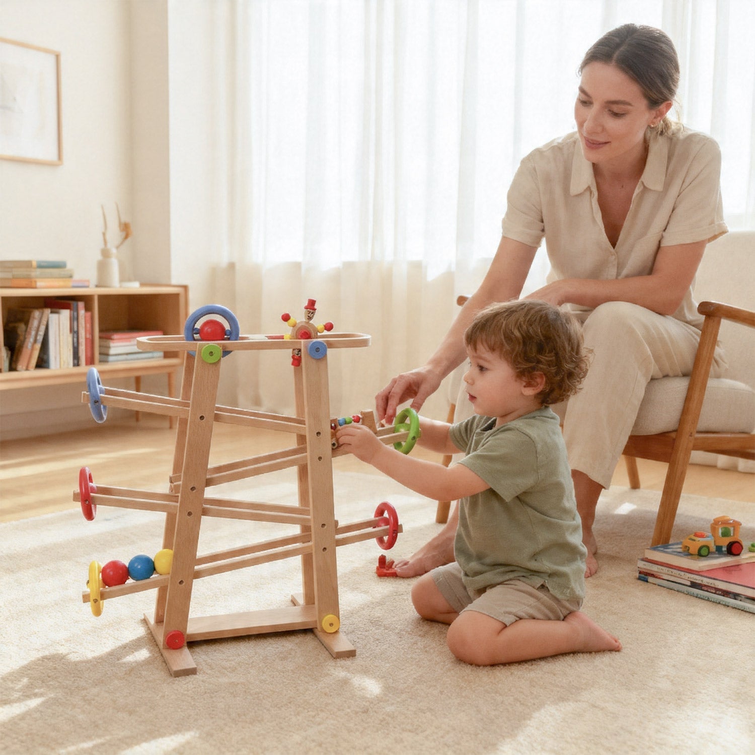 Montessori Kugelbahn Buche – 7 Rollobjekte (Klassik)