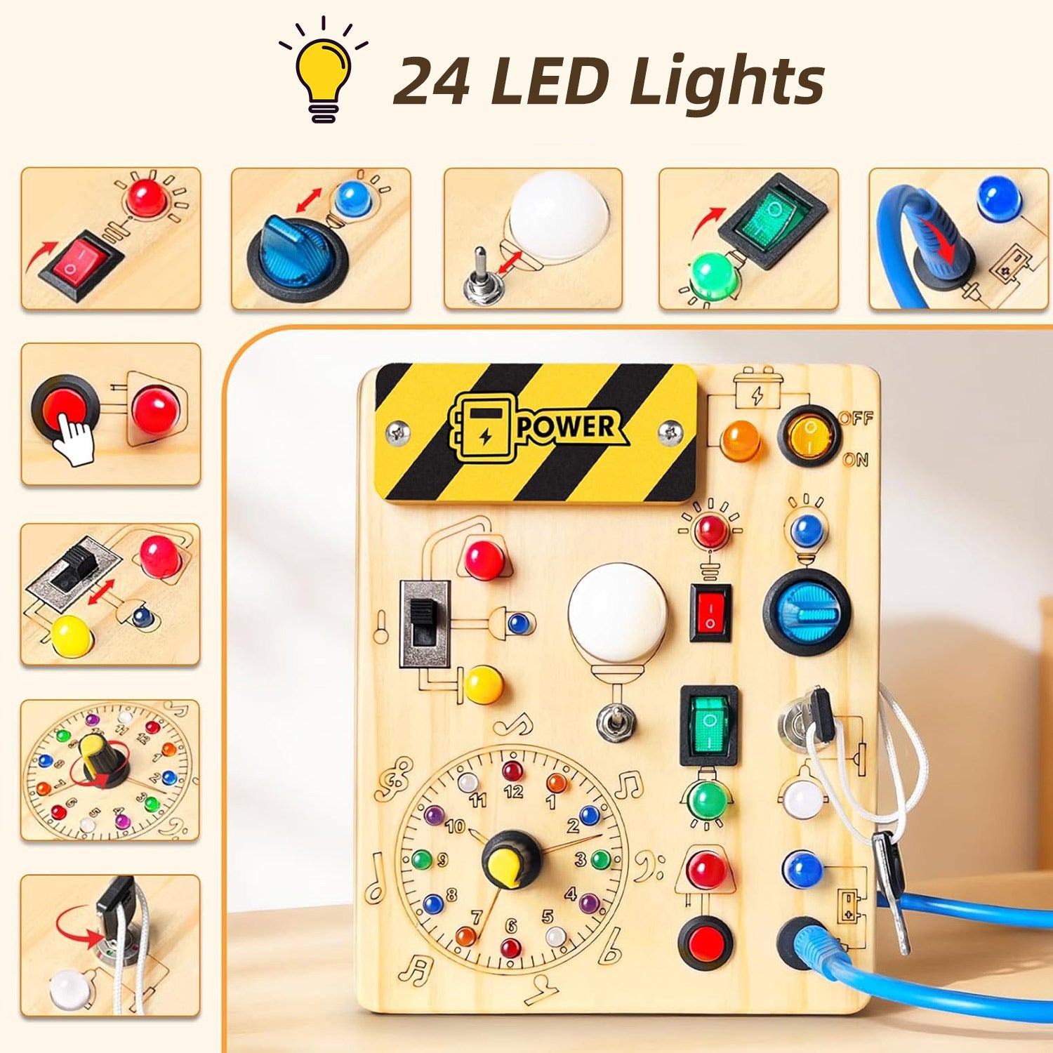 Montessori Busy Board aus Holz - – LED Licht & Schalter