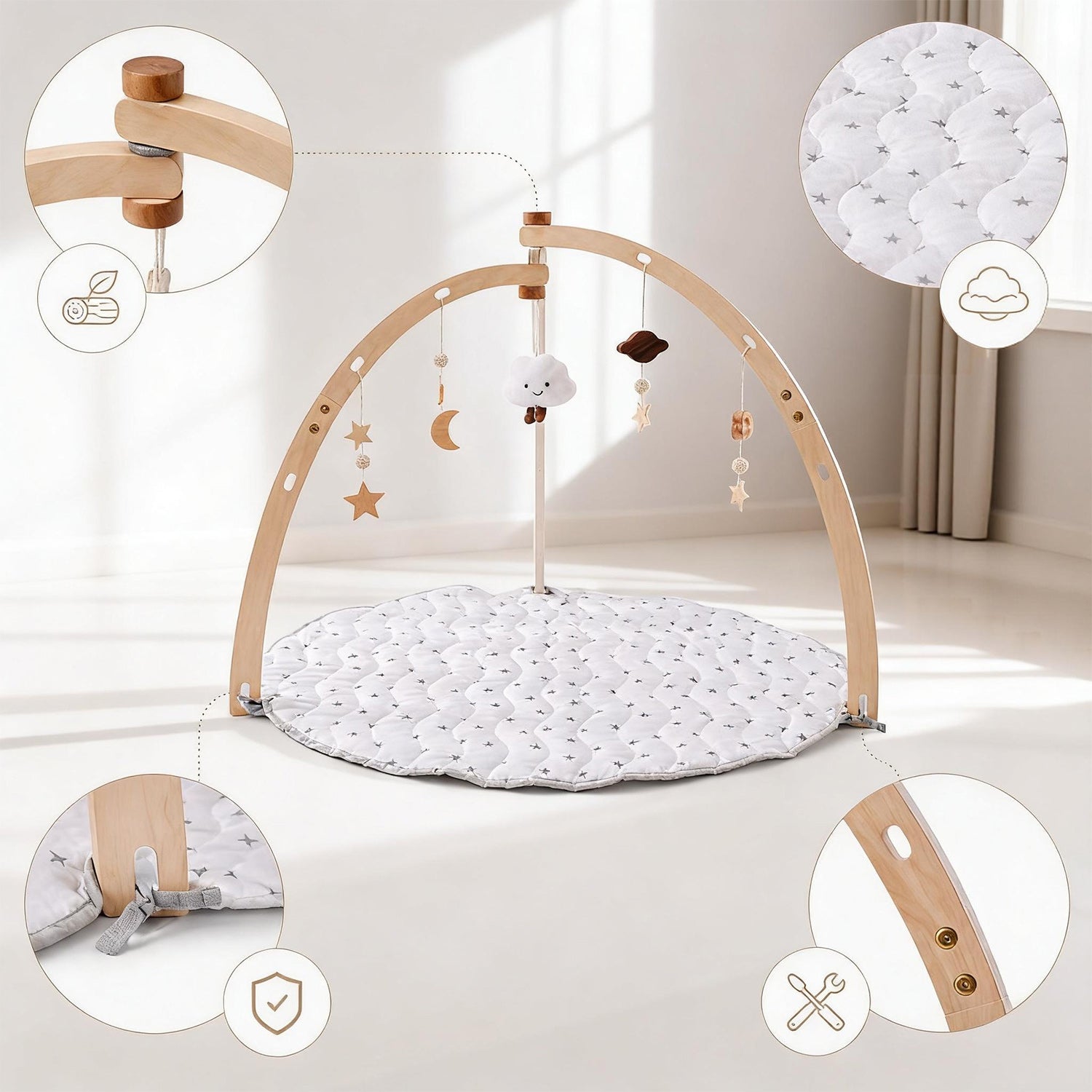 Holz Baby Gym mit Spielmatte – mit 5 Anhängern