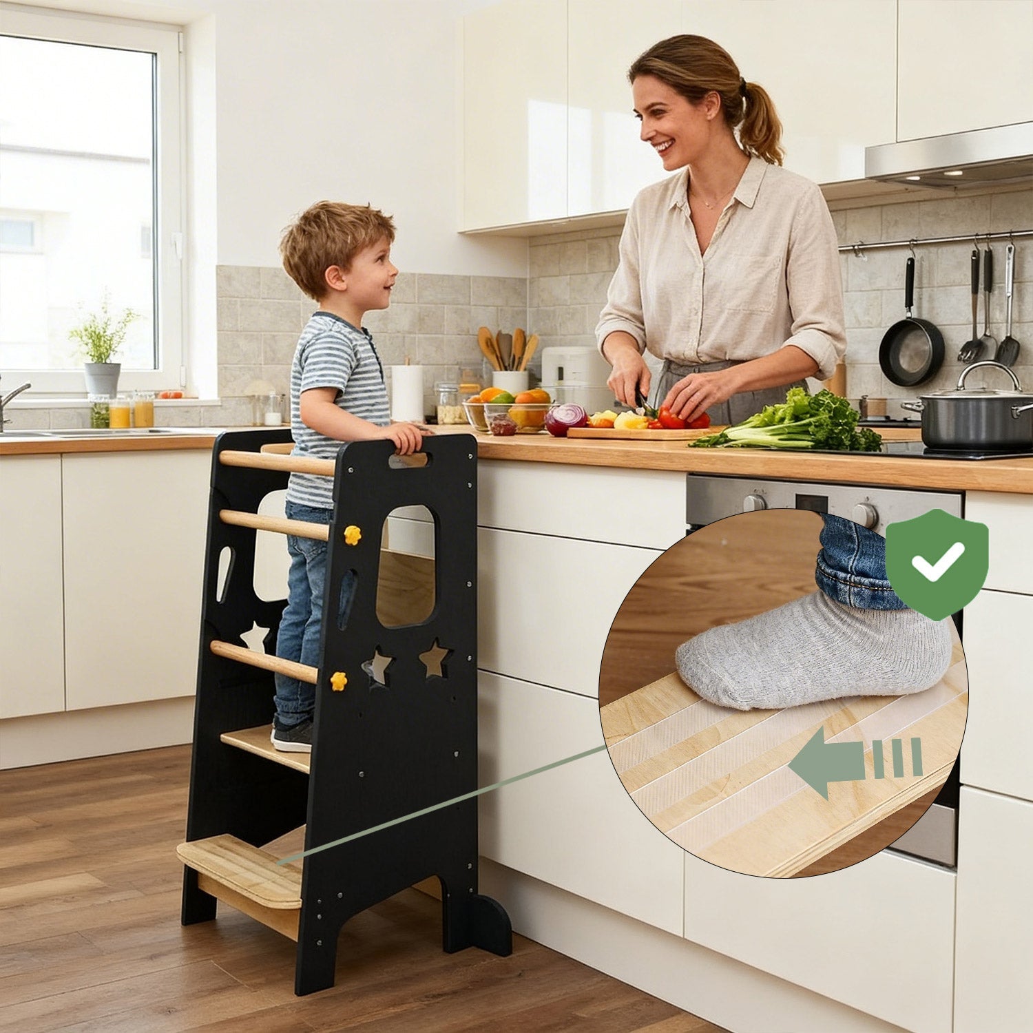 Lernturm Kinder Holz höhenverstellbar – Montessori Learning Tower Küche stabil & sicher