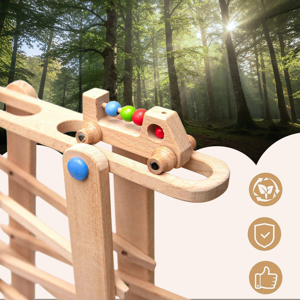 Montessori Kugelbahn Buche – 7 Rollobjekte (Klassik)