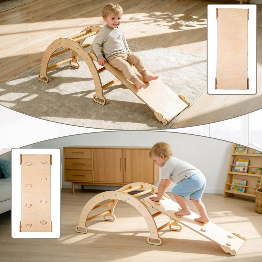 4-in-1 Kletterset aus Holz: Kletterdreieck, Kletterbogen & Rampe