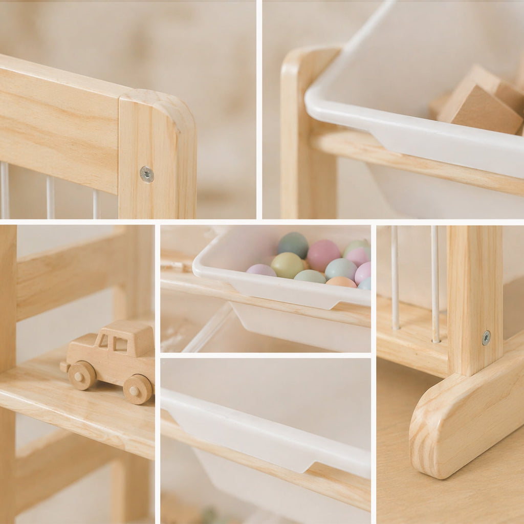 4-Etagen Montessori Spielzeugregal – mit Boxen, Bücherablage & Netz
