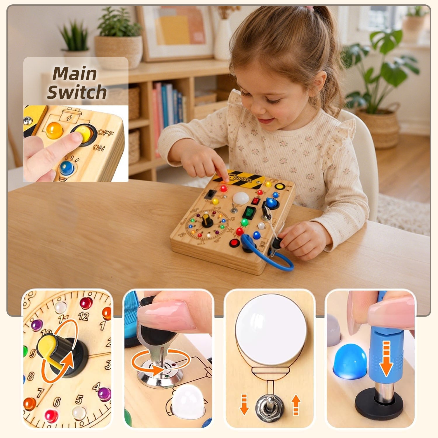 Montessori Busy Board aus Holz - – LED Licht & Schalter