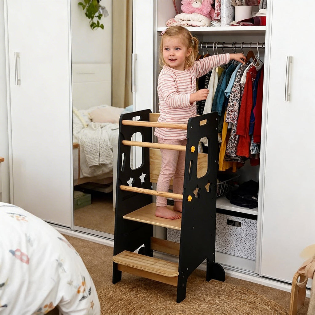 Lernturm Kinder Holz höhenverstellbar – Montessori Learning Tower Küche stabil & sicher