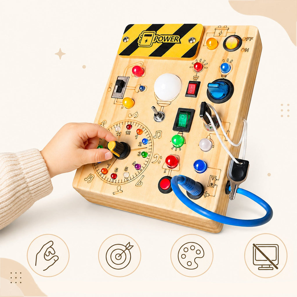 Montessori Busy Board aus Holz - – LED Licht & Schalter