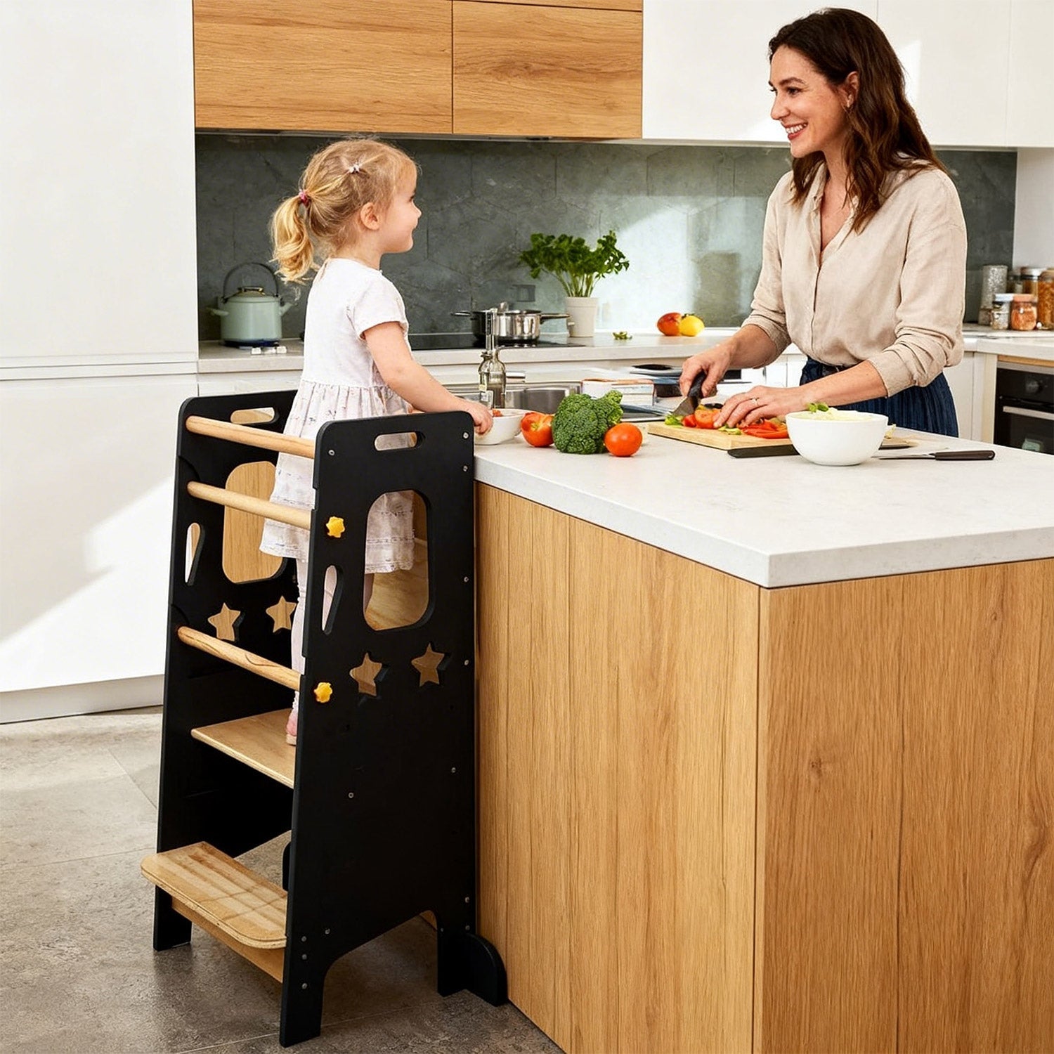 Lernturm Kinder Holz höhenverstellbar – Montessori Learning Tower Küche stabil & sicher