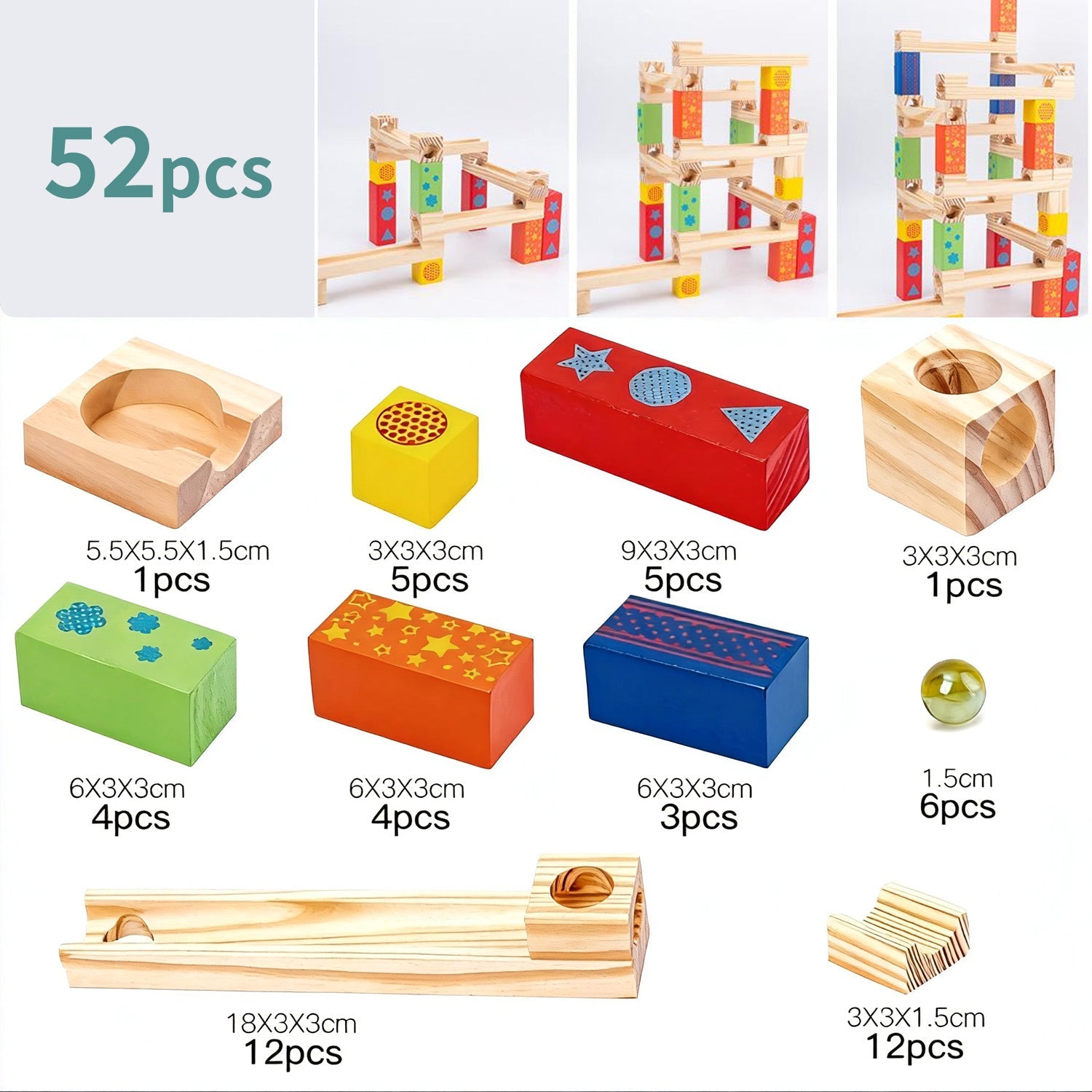 Montessori Murmelbahn Holz 52 Teile – buntes Kugelbahn-Bauset für Kinder