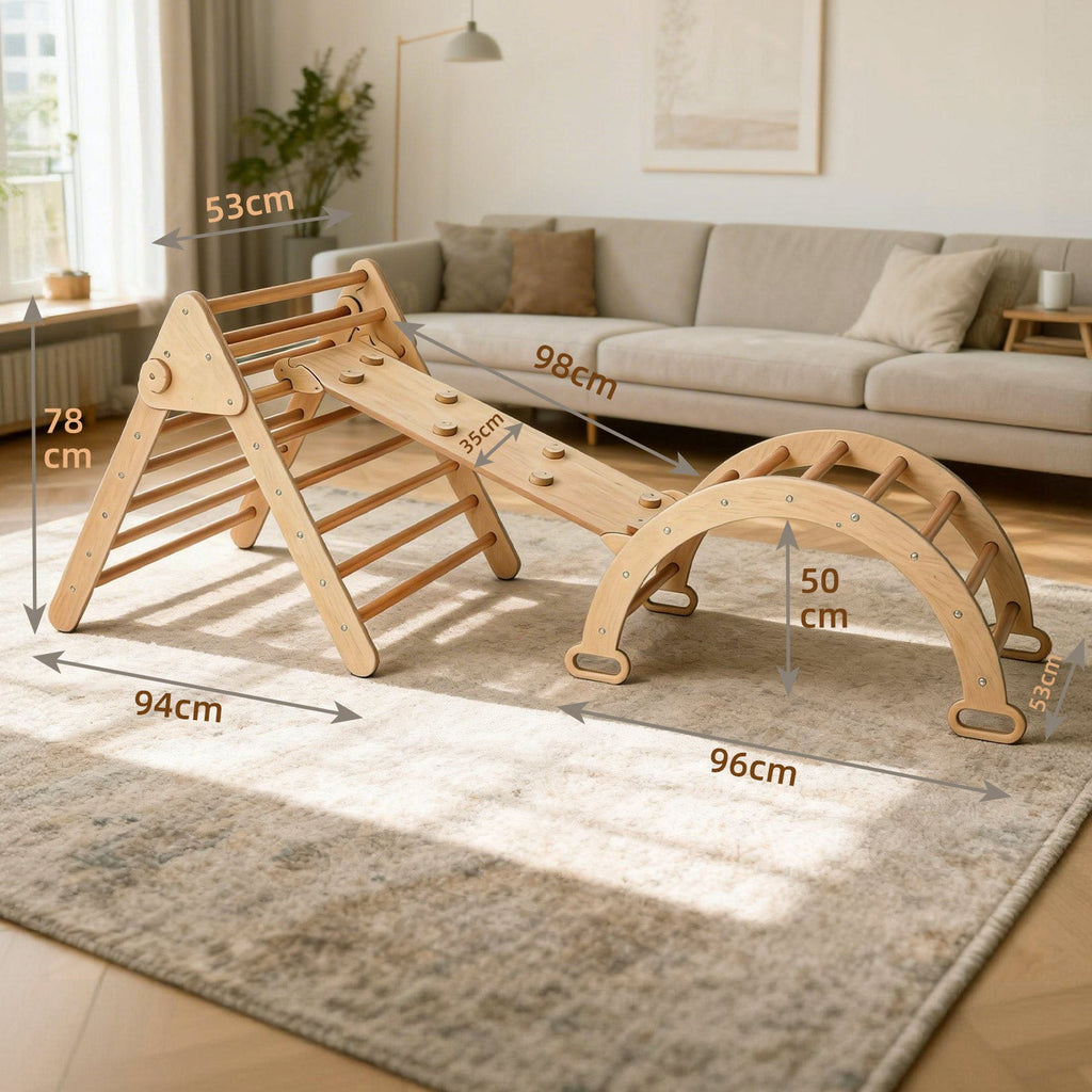 4-in-1 Kletterset aus Holz: Kletterdreieck, Kletterbogen & Rampe