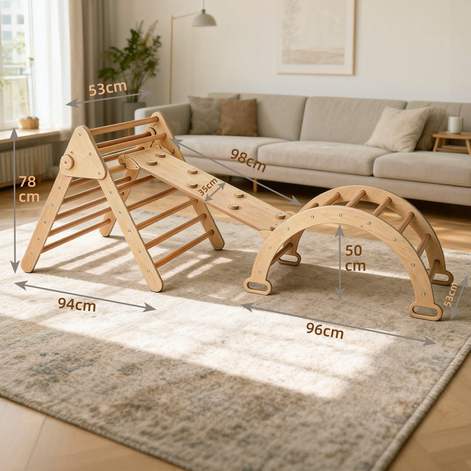 4-in-1 Kletterset aus Holz: Kletterdreieck, Kletterbogen & Rampe