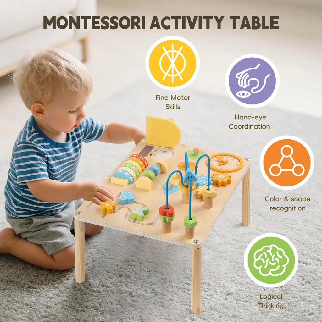 8-in-1 Montessori Aktivitätstisch – Macaron Farben & Motorik
