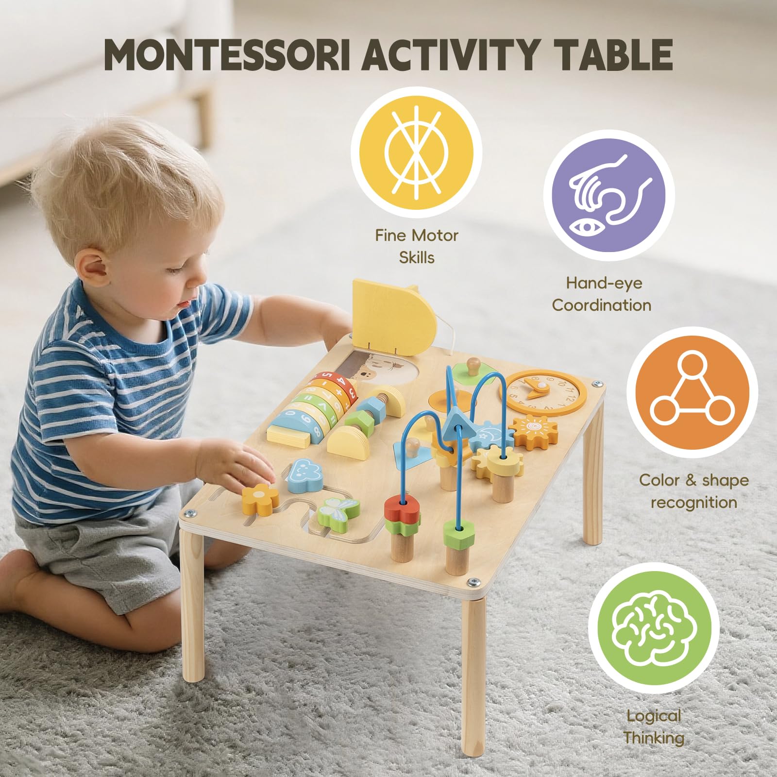 8-in-1 Montessori Aktivitätstisch – Macaron Farben & Motorik
