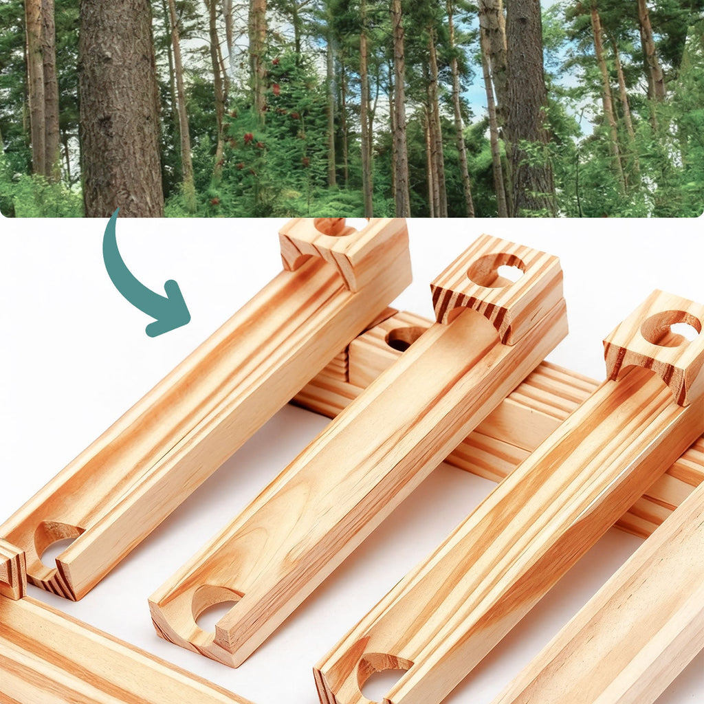 Montessori Murmelbahn Holz 52 Teile – buntes Kugelbahn-Bauset für Kinder