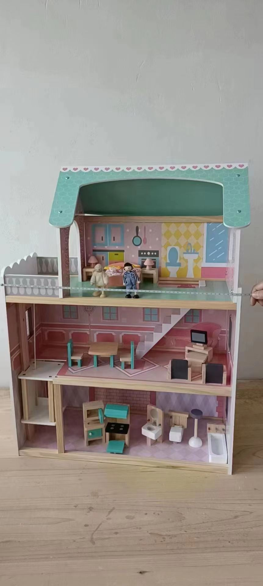Holz Puppenhaus 3 Etagen – Spielhaus mit Möbeln & Zubehör