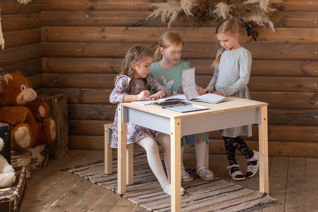 Montessori Kindertisch mit Stauraum & Hocker – Holz Schreibtisch Set für Kinder