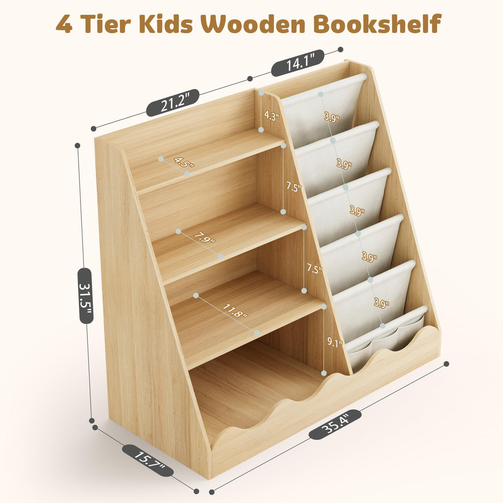 Montessori Bücherregal für Kinder – 4 Etagen mit Stauraum