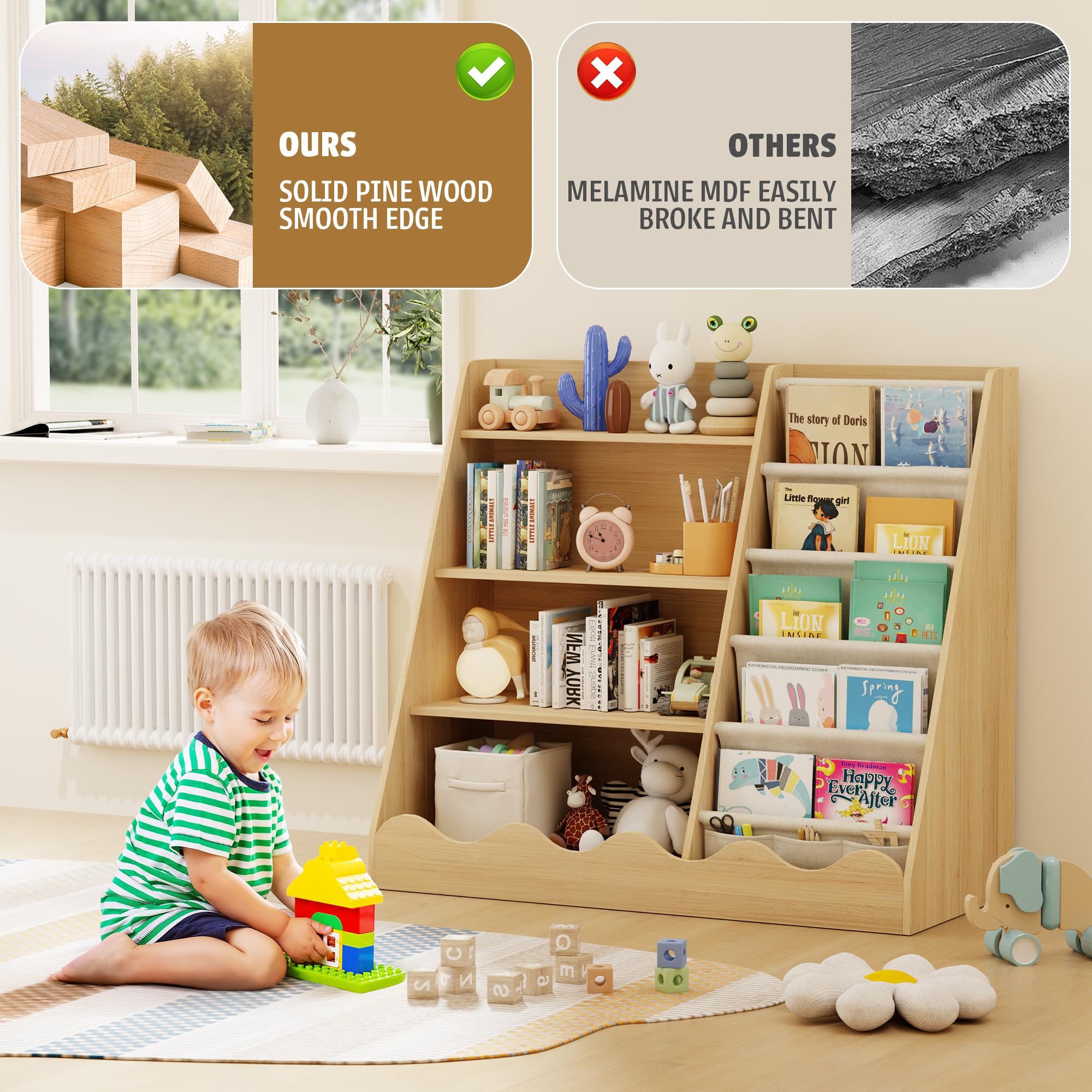 Montessori Bücherregal für Kinder – 4 Etagen mit Stauraum