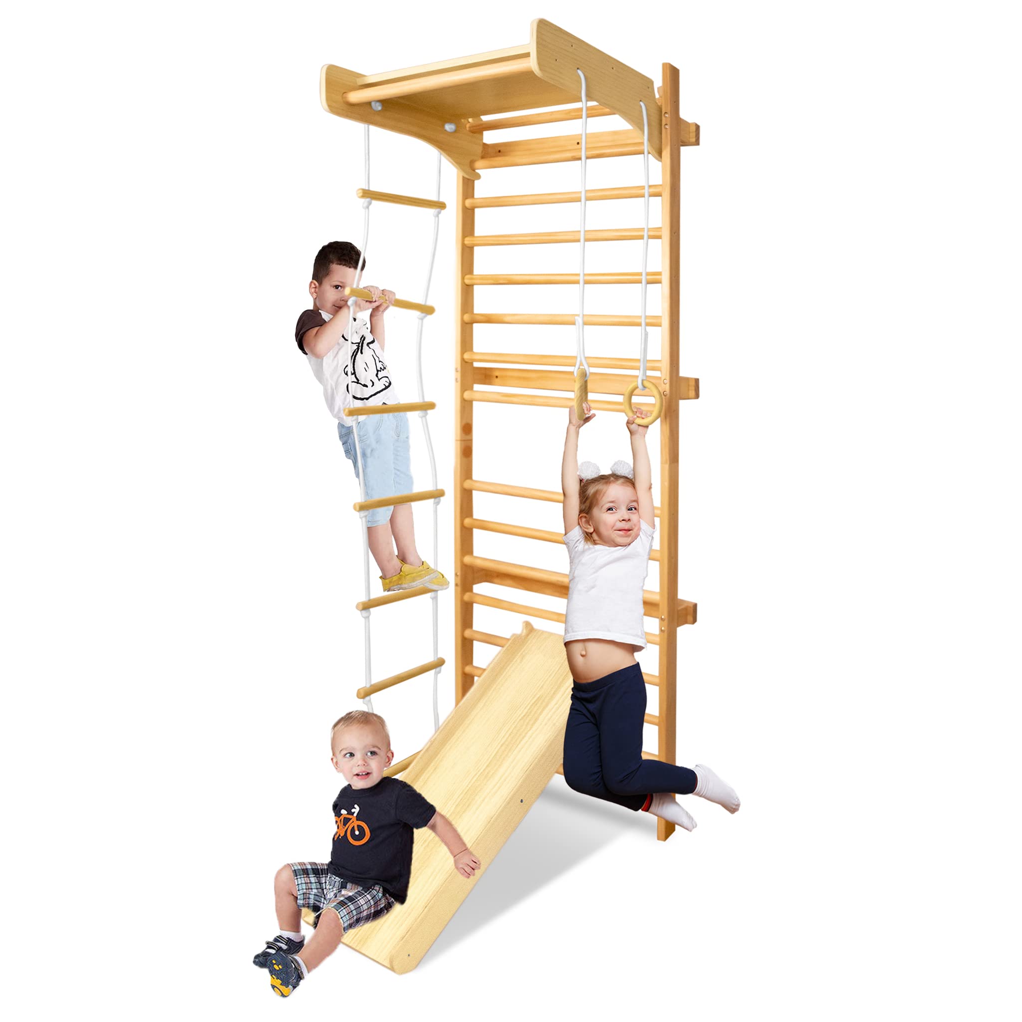 Sprossenwand Kinder aus Holz mit Turnringen und Kletterleiter – Montessori Klettergerüst Indoor