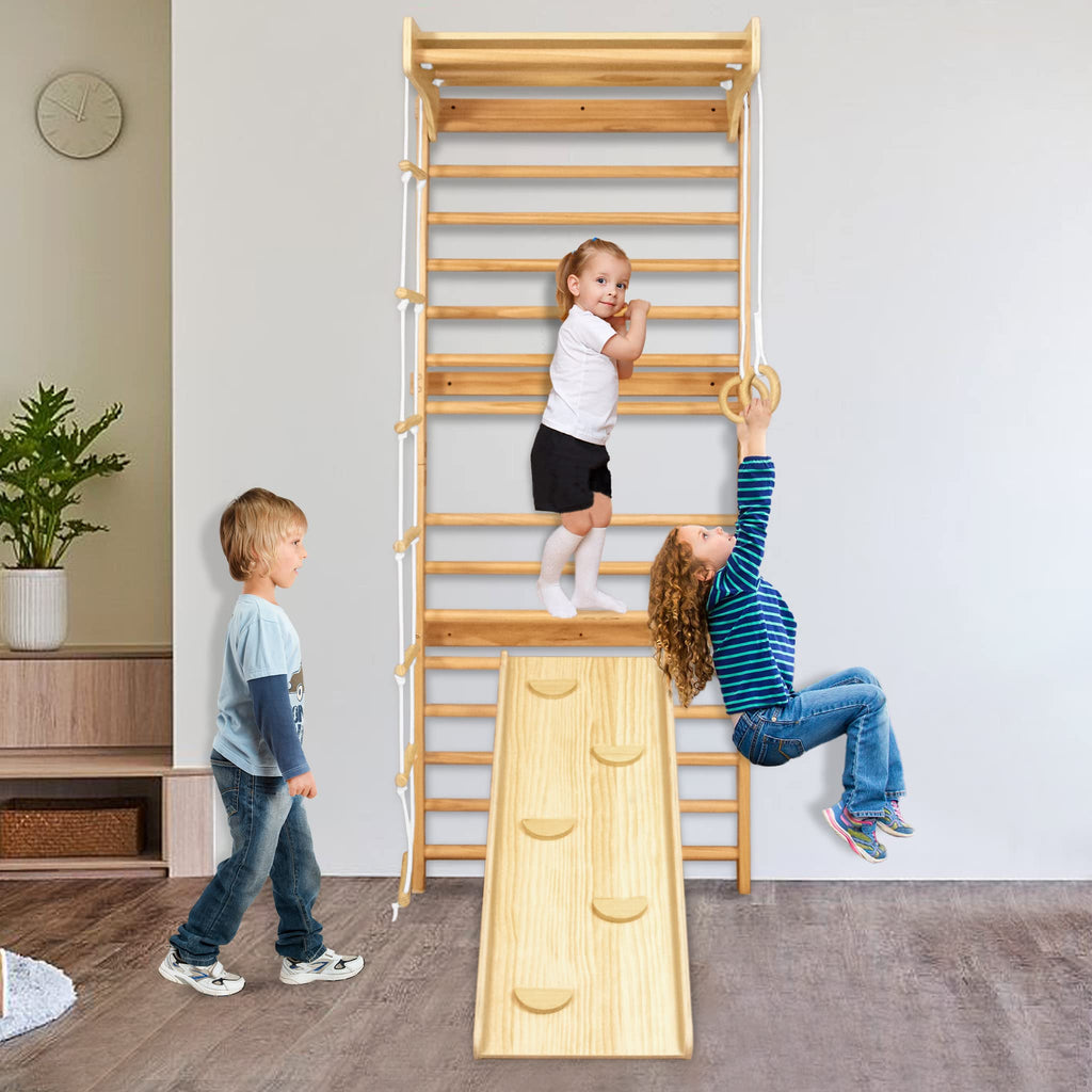 Sprossenwand Kinder aus Holz mit Turnringen und Kletterleiter – Montessori Klettergerüst Indoor