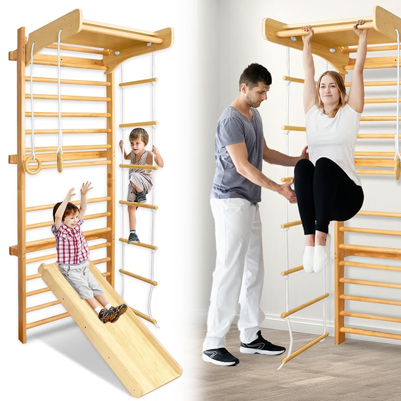 Sprossenwand Kinder aus Holz mit Turnringen und Kletterleiter – Montessori Klettergerüst Indoor