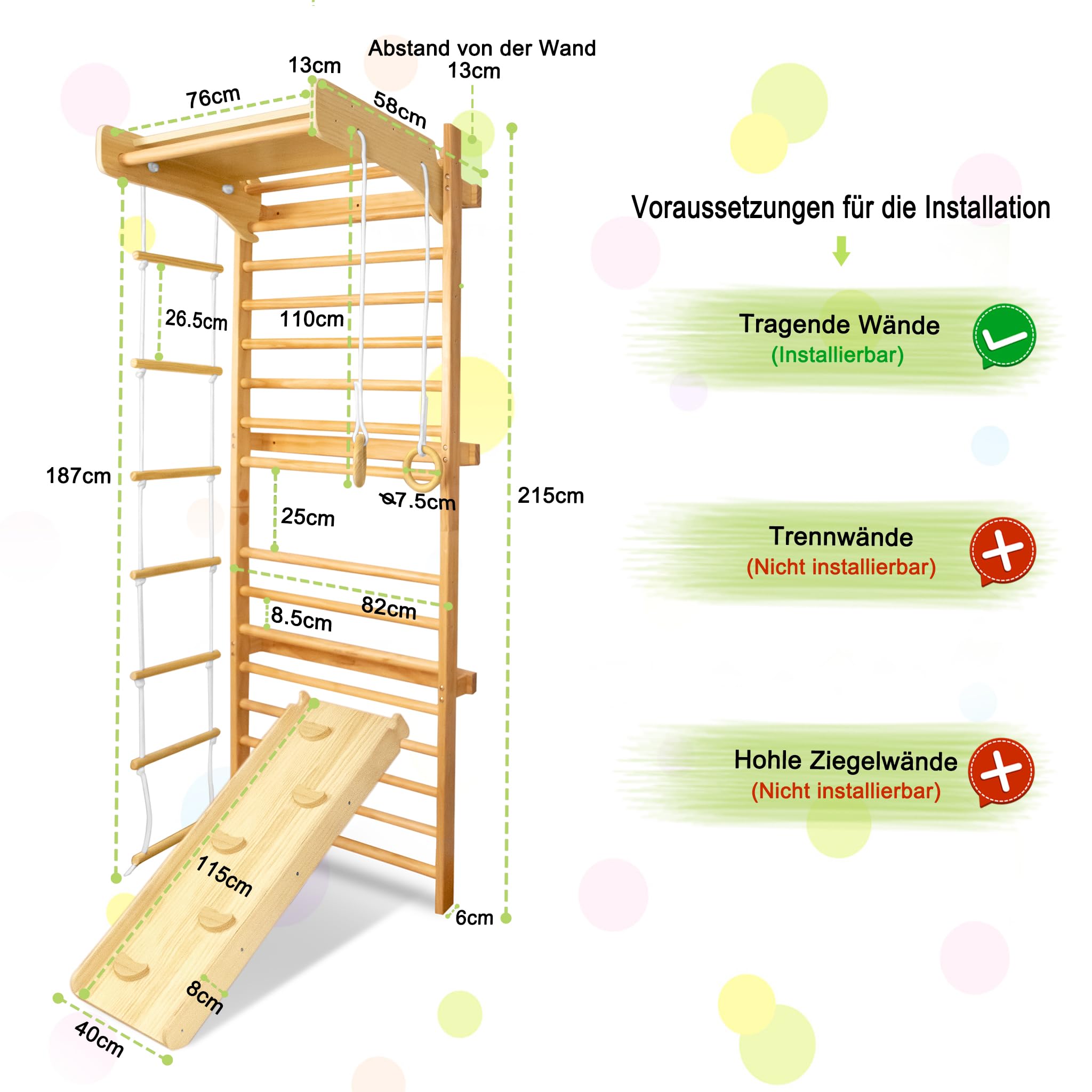Sprossenwand Kinder aus Holz mit Turnringen und Kletterleiter – Montessori Klettergerüst Indoor