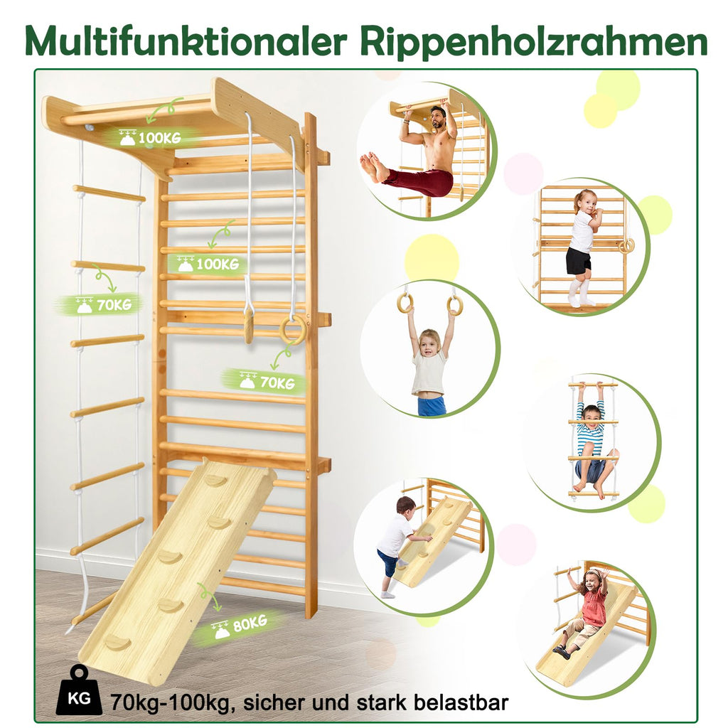 Sprossenwand Kinder aus Holz mit Turnringen und Kletterleiter – Montessori Klettergerüst Indoor