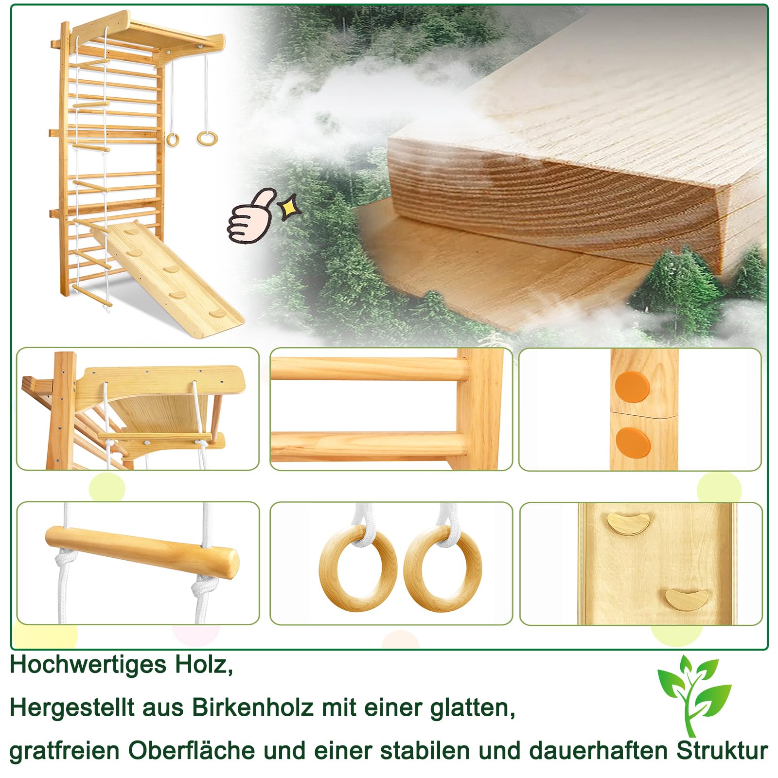 Sprossenwand Kinder aus Holz mit Turnringen und Kletterleiter – Montessori Klettergerüst Indoor