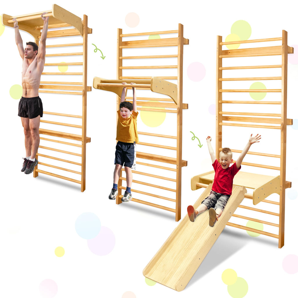Sprossenwand Kinder aus Holz mit Turnringen und Kletterleiter – Montessori Klettergerüst Indoor