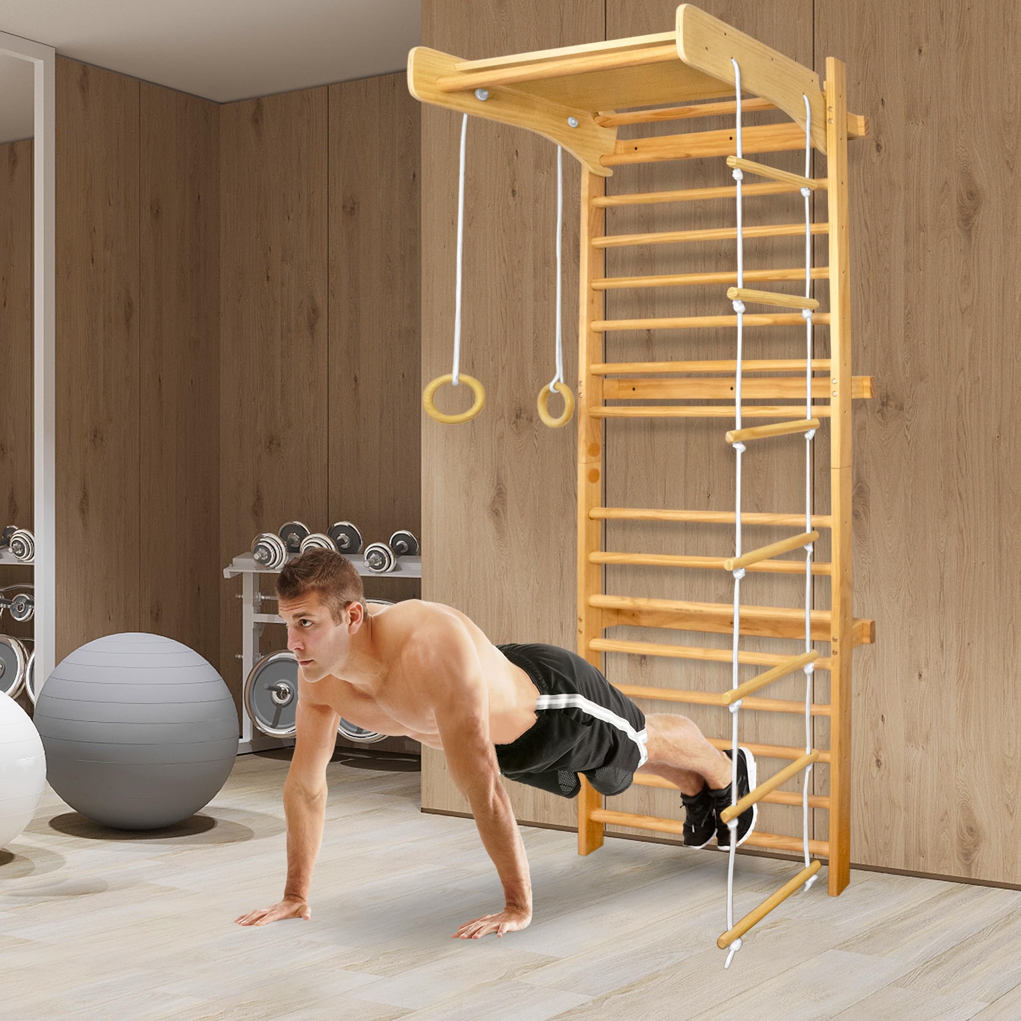Sprossenwand Kinder aus Holz mit Turnringen und Kletterleiter – Montessori Klettergerüst Indoor